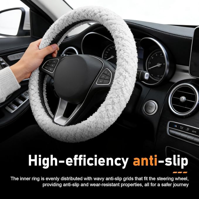 Fuzzy Warm Steering Wheel Cover for Winter, Soft Faux Lamb Fleece with Anti-Slip Inner Ring, 14.96" Inner Diameter Cozy Protective Driving Cover, Universal for Most Cars (White)