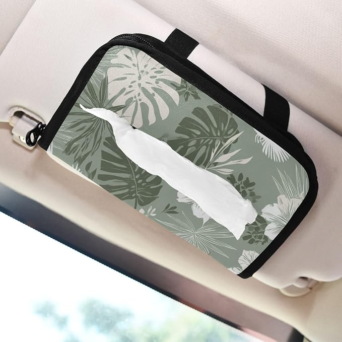 Car Visor Tissue Holder Mask Holder for Car, Car Tissue Box Sun Visor Napkin Holder Car Visor Accessories Adjustable Straps Reusable Durable Easy to Install Tropical Palm Leaves Birds Flower