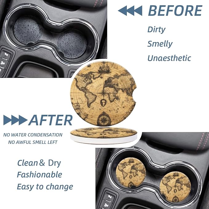 Cup Holder for Car,Rustic Ancient World Map Print Ceramic Coasters Non-Slip Cup Holder Insert with Fingertip Grip, Auto Interior Accessories for Women & Men,Pack of 2, 2.56In