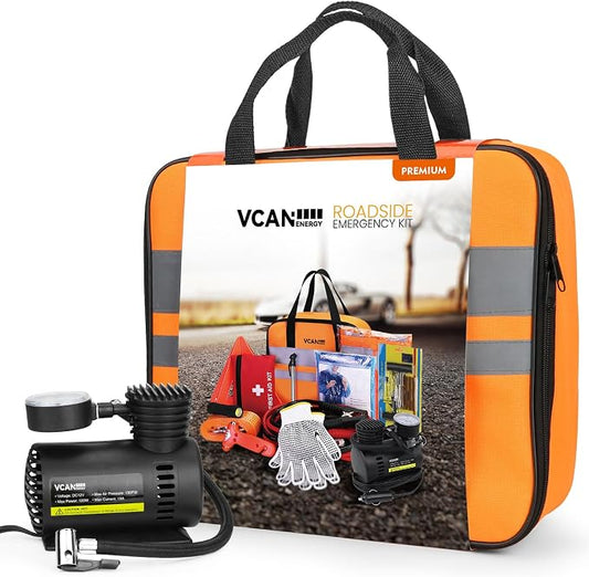 VCANENERGY Car Emergency Safety Kit Bag with Portable Air Compressor, Jumper Cables,First Aid Kit, Tire Pressure Gauge, Auto Vehicle Safety Road Side Assistance Kits Essentials,for Women, Men, Teen