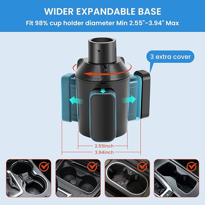 Cup Holder Expander for Car with Adjustable Holder & Base, Compatible with 10 to 64 oz Yeti Ramblers, Stanley, Hydro Flask, Nalgene, Hold 2.9" to 5.5" Large Bottles Mugs Food Drink, Car Cup Holder