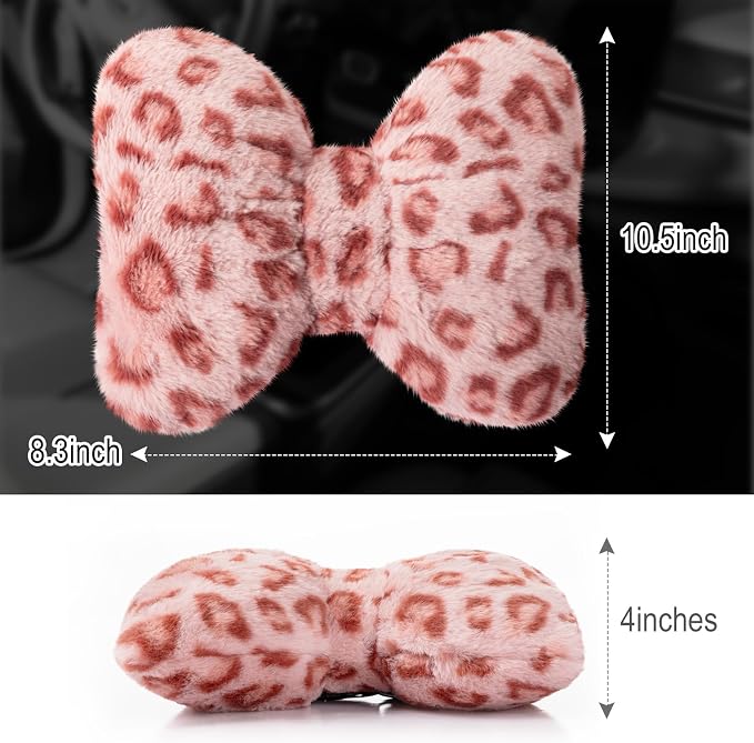 Macarrie 2 Pcs Leopard Car Neck Pillow Imitation Rabbit Fur Bow Pillow | Soft Comfortable Seat Headrest Support, Cute Bow Car Accessories, Driving Travel Driver Chair Girl Interior Decor, Pink