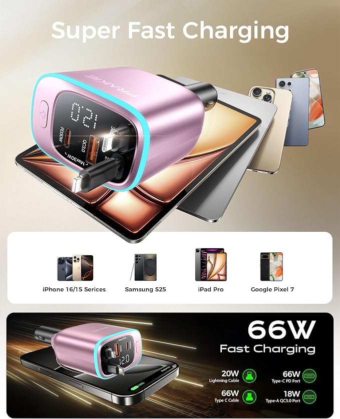 Car Charger, USB C Cable Fast Charging USB C iPhone Charger, Cigarette | Lighter Adapter with Retractable 2 USBC Cables 25 Inch and 2 USB Ports, Multi Port Car Charging for iPhone 17/16/15-Pink