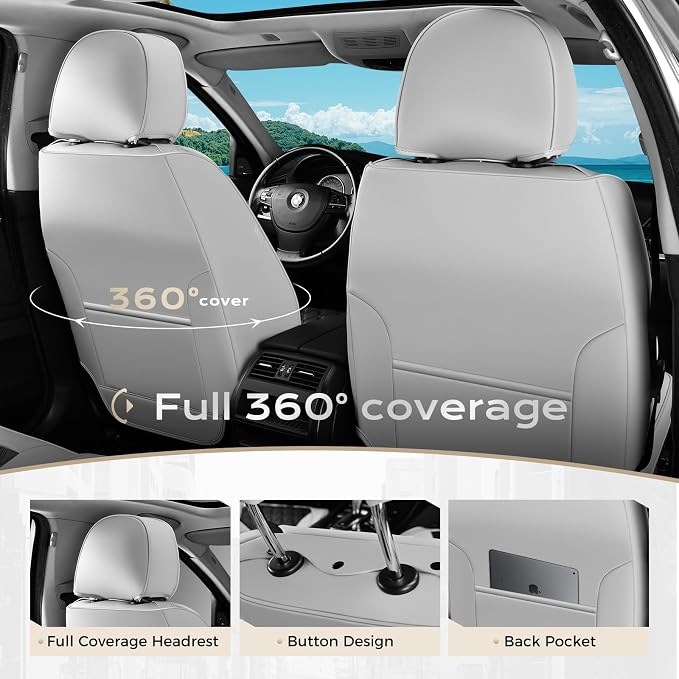 Coverado Car Seat Covers Front Seats, Luxury Stain-Resistant Waterproof Faux Leather Full Set with Rear Protectors, Elegant Easy-Clean Automotive Interior – WhiteBlack