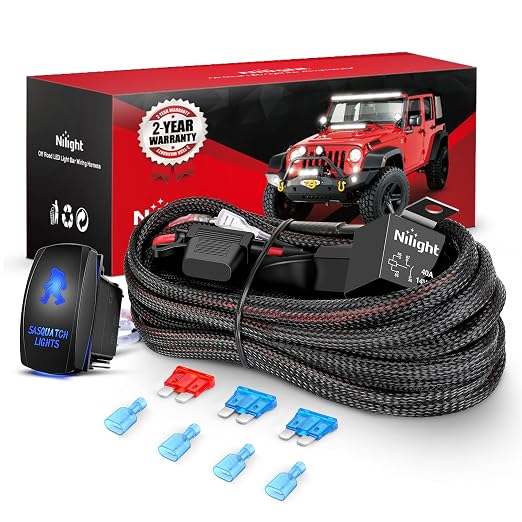 Nilight Wiring Harness Kit Nylon 16 AWG 2 Leads Sasquatch Lights 12V 5Pin Rocker Switch Laser On Off Power Relay Blade Fuse for LED Off Road Light Bar on Cars Jeep Boat Trucks