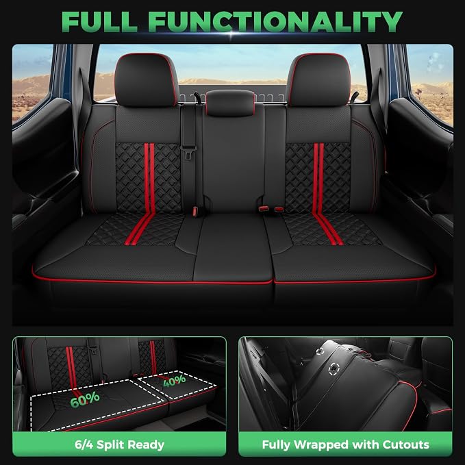 Custom Seat Covers for Tacoma 2016-2023 3rd Gen Double Cab SR5/TRD Off-Road/SR/TRD Sport/TRD PRO Full Set with Console Covers, Waterproof Leather Back and Front Seat Protectors Black Red