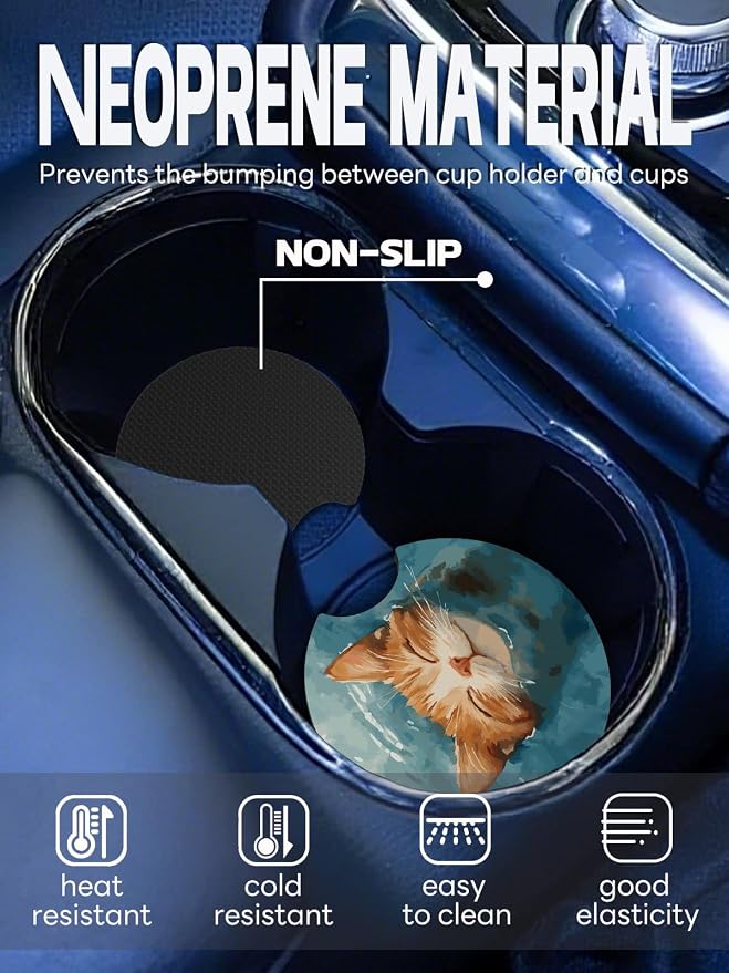 WOCOCN Car Coasters,Cup Holder Coasters for Car,2.75inch Anti Slip and Absorbent,Cute Automotive Interior Accessories for Cup Holder,Pack of 2 (Smiling Cat)