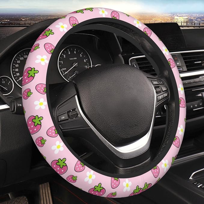 Cute Strawberry Steering Wheel Cover Anti-Slip and Practical 14.5-15 Inch Universal Steering Wheel Cover with 2 Pieces Car Coasters Suitable for Men Women