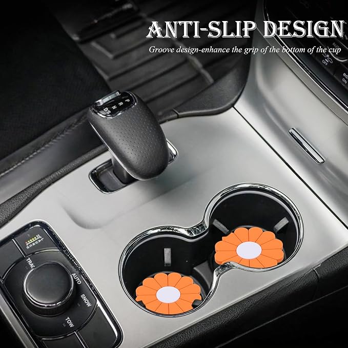 4-Pack Car Cup Holder Coaster Inserts, Daisy Shape, 2.75 Inch Non-Slip Silicone Cup Holder Insert, Universal Non-Slip Cup Holders, Car Accessories Interior for Women and Man (Orange)