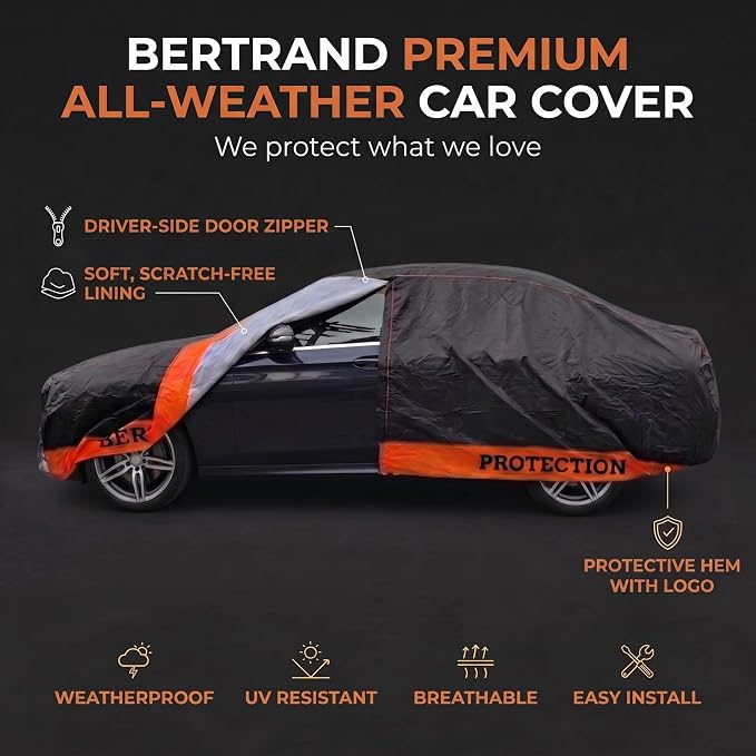 BERTRAND Heavy Duty Sedan Car Cover Waterproof All Weather - Snow, Rain & UV Outdoor Protection | Cotton-Lined, Up to 8-Point Anchoring + Door Zipper | Compact Sedans, Black-Orange (179x69, A1)