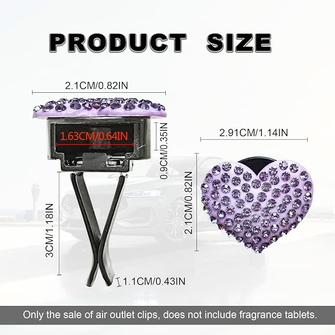 2Pcs Bling Crystal Heart Charms Car Air Vent Clips, Universal Car Interior Decoration Accessories (Purple)
