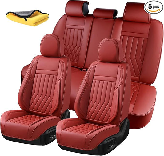 5-Seater Waterproof and Breathable Nappa Leather Car Seat Covers Full Set, Fit for Front and Rear Seats of Cars, Compatible with Airbags, Car Seat Protector Covers for Most Cars - Wine red