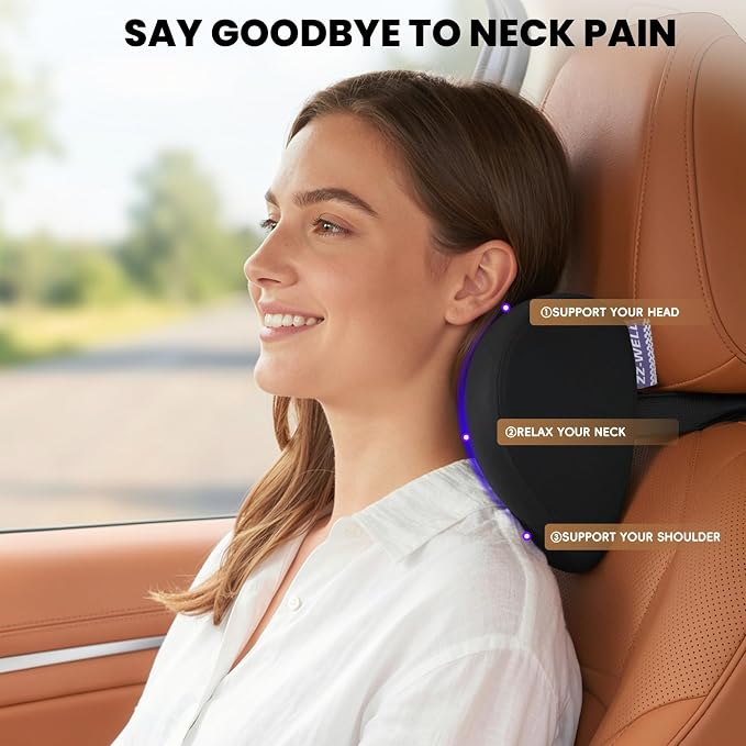 ZZ-WELL Car Headrest Pillow, Car Neck Pillow for Neck Pain Relief with Adjustable Strap, Memory Foam & Breathable Removable Cover, Travel Car Neck Pillow for Pain Relief While Driving (Black, 1Pack)