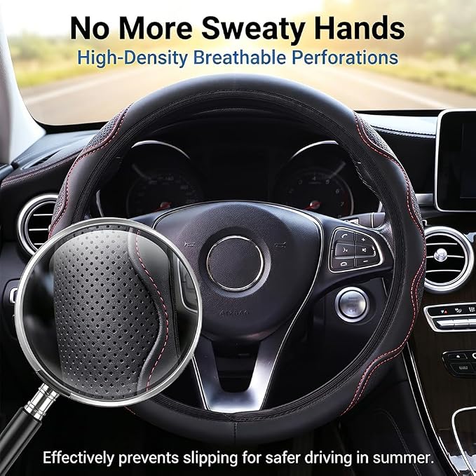 Elastic Steering Wheel Cover Black and Red Universal 14-15 inch | Leather Car Steering Wheel Covers Stretch Microfiber Breathable Anti-Slip Car Accessories Fit for Suvs, Vans, Trucks