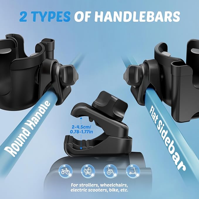2 Pack Cup Holder for Walker: Stroller Cup Holder with Phone Holder Black | Wheelchair/Rollator/Scooter Stroller Accessories, Fits for Uppababy, Nuna, Doona, Baby Travel Essentials, Gifts for New Mom