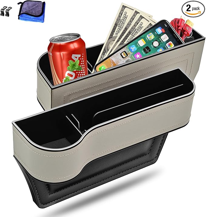 Car Seat Gap Filler Organizer, 2 Pack Multifunctional Car Seat Organizer, Auto Console Side Storage Box with Cup Holders 2 Seat Hooks for Drink, Car Organizer Front Seat for Holding Phone, Sunglasses