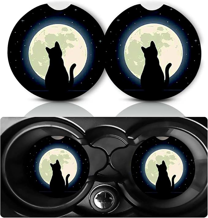 2PCS Cat Admiring Moon Car Cup Holder Coasters General Non-Slip Rubber Mat | Cats Auto Accessories Interior Decor,2.75" Car Coasters for Cup Holders with Finger Slot,Cat Gifts for Women Men Pet Lovers