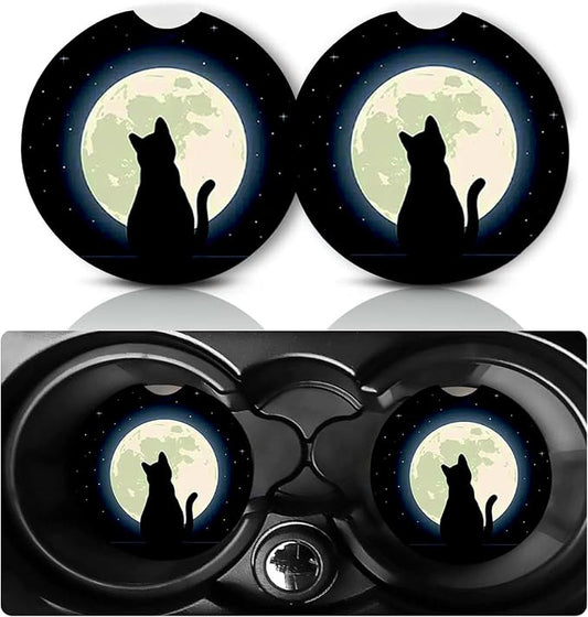 2PCS Cat Admiring Moon Car Cup Holder Coasters General Non-Slip Rubber Mat | Cats Auto Accessories Interior Decor,2.75" Car Coasters for Cup Holders with Finger Slot,Cat Gifts for Women Men Pet Lovers
