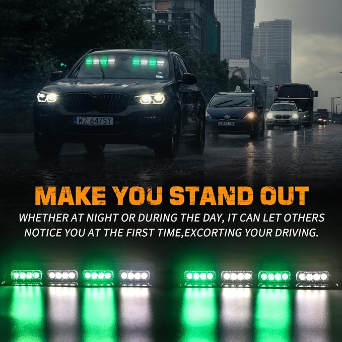 XRIDONSEN 2x 14 inch Green White Emergency Dash Lights 32 LED Strobe Lights | Interior Safety Flashing Warning Hazard Caution Front/Rear Windshield Light Bar w/ Controller for Vehicles Trucks Car