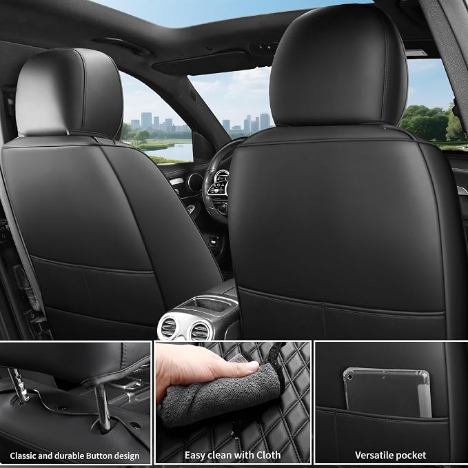 Black High-Density Nappa Leather Automotive Car Seat Covers Full Set | Univerasal Precision Fit,3D Contoured,Full Coverage,Waterproof,ThickTexture Nappa Leather,for most Suvs Trucks Sedans