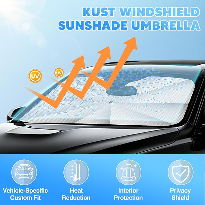 KUST 56" * 31" Upgraded Windshield Sun Shade Umbrella - 【Medium Size】 - Foldable Ice-Crystal Shade Umbrella with Bendable Handle - Blocks UV Rays Keep Car Cool - Easy to Install and Use