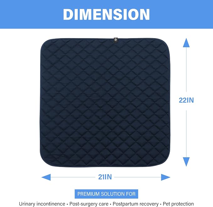SPRING SEAON Waterproof Chair Pads for Incontinence 22"x21" – Thickened Washable Reusable Seat Protector, Non-Slip Absorbent Pad for Adults, Seniors, Wheelchair, Recliner, Car Seat & Bed(Navy, 1 Pack)
