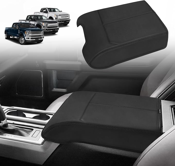 Muslogy Center Console Armrest Cover Fit for Ford F150 2015-2020 &F250 F350 F450 2017-2022 & Expedition 2018-2024 Accessories, Armrest Pad Console Lid Cushion Vegan Leather Regular Thick (Bucket Seat)