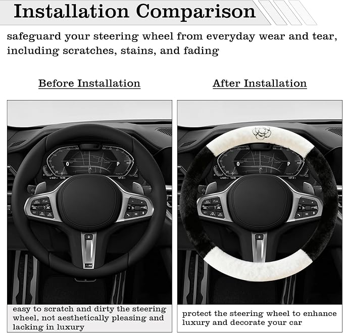 Camellia Flower Plush Steering Wheel Cover, Universal 14.5-15 Inch Winter Plush Warm Steering Wheel Cover, Soft Fluffy, Anti-Slip Design, Soft Texture (Black+White)
