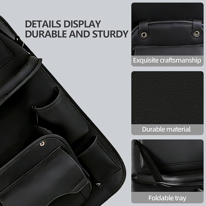Backseat Car Organizer with Tray, 1 Pack Leather Seat Storage, Black | Foldable Tray Table,Trash Can Pocket,Kick Mat Protector,Easy-Clean Leather