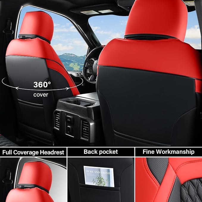 Coverado Chevy Chevrolet Silverado GMC Sierra Seat Covers, Custom Fit for 2007-2026 1500, 2015-2026 2500HD 3500HD Crew Double Extended Cab Truck, Faux Waterproof Leather Seat Covers (Front, Red)