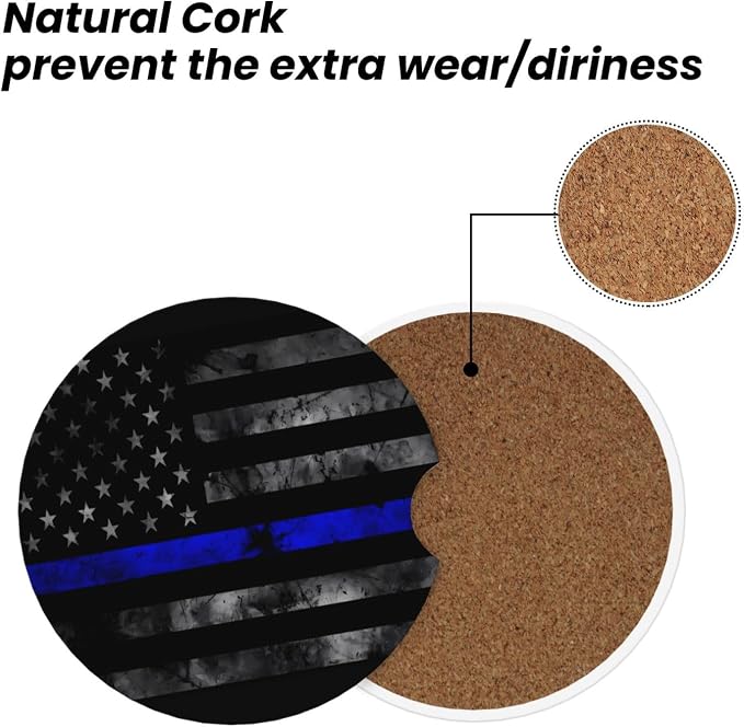 Vintage Thin Blue Line American Flag Absorbent Ceramic Car Coasters 2 Pack Insert Cupholder Coaster Car Cup Holder Mat with Finger Notch Anti-Slip Cork Base Reusable Drink Coasters 2.56 in