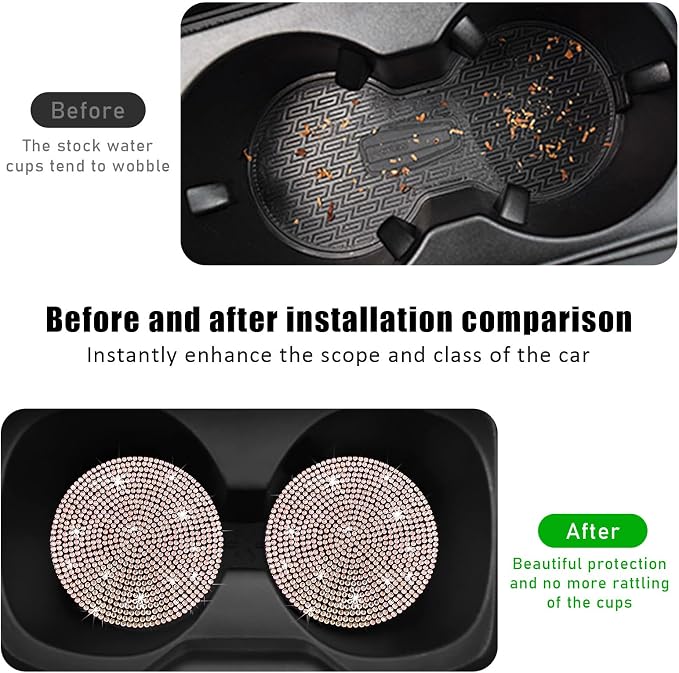 Ziciner 2PCS Bling Car Cup Holder Coaster, 2.73 Inch Anti-Slip Cup Insert Coasters, Crystal Rhinestone Auto Drink Cup Mat, Universal Interior Decor Car Accessories for Women Girls (Golden)