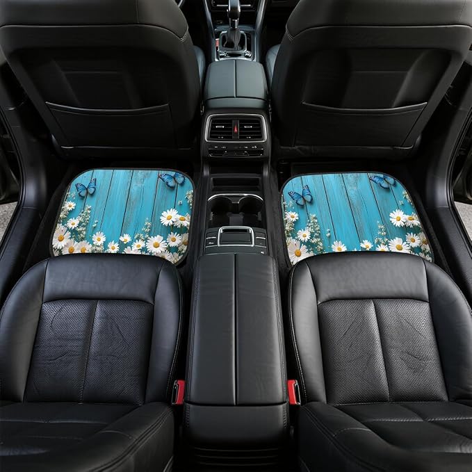 Flower Car Floor Mats Daisy Blue Butterfly Rustic Wooden Carpet Front Rear Carpets Mat Decorative Car Floor Carpets Non-Slip Auto Car Accessories Universal Fit for Car SUV Truck Van