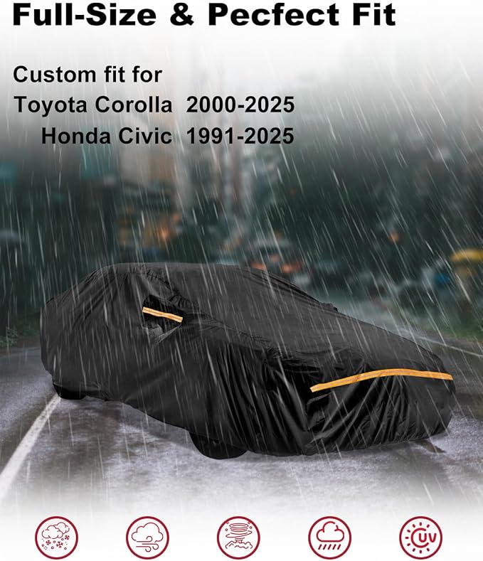 Car Cover for Toyota Corolla 2000-2025 | Heavy Duty Outdoor Full Exterior Cover | Sun, Rain, UV, Dust, and Snow Protection with Door Zipper (Black)