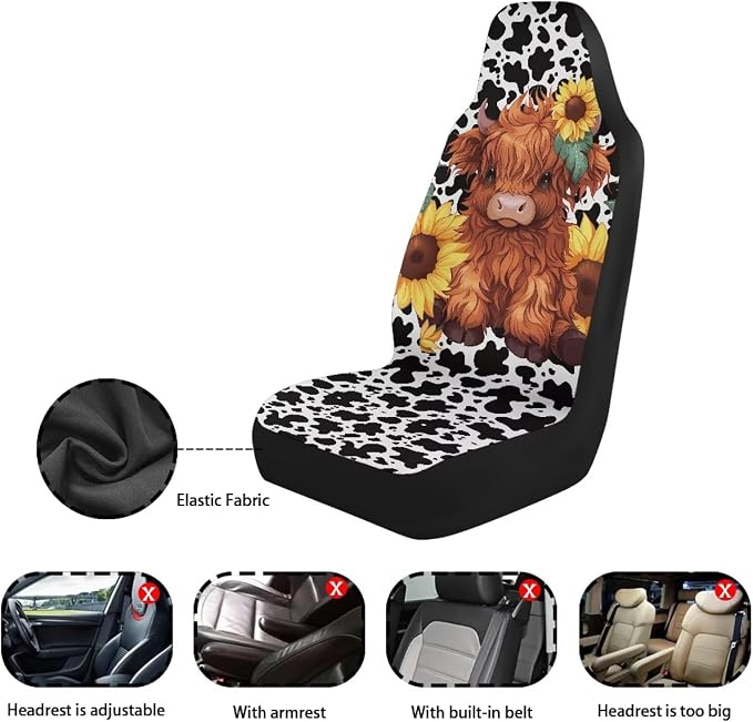 Cute Sunflower Highland Cow Front Seat Covers for Cars Bucket Seat Covers Black Cow Spots Decorative Automotive Seat Cushion Protectors Covers Automotive Accessories Interior Decoration