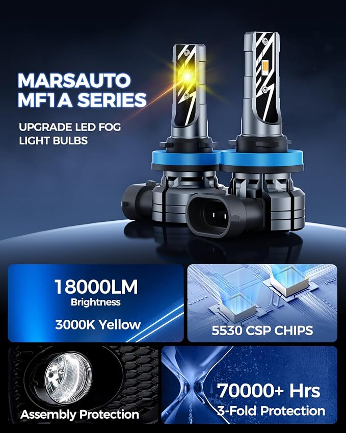 Marsauto H11/H8 LED Fog Light Bulbs Yellow, 18000LM 700% Brightness 3000K Yellow H11 H16 H11 LED Bulb Yellow for Fog Lights, 1:1 Mini Size Design Play and Plug (Pack of 2)