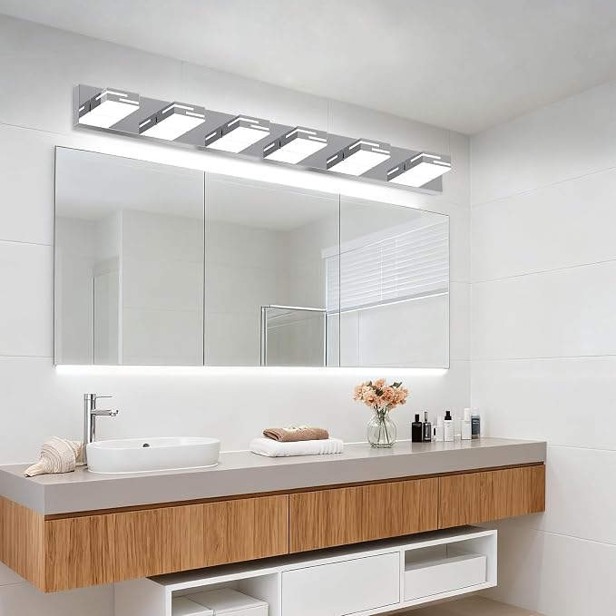 LED Modern Bathroom Vanity Light Fixtures, Dimmable Chrome Vanity Lights for Bathroom Lighting Fixtures Over Mirror, with 360° Rotatable Heads 6-Light 42-inch (Cool White 6000K)