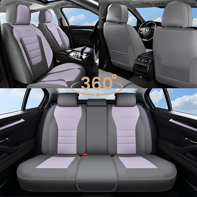 Coverado Car Seat Covers Full Set, Nappa Leather Seat Covers for Cars, Car Seat Protector Car Seat Cushion, Front and Back Seat Protectors Cushions Universal Fit for Most Cars Vehicles(Gray&Purple)