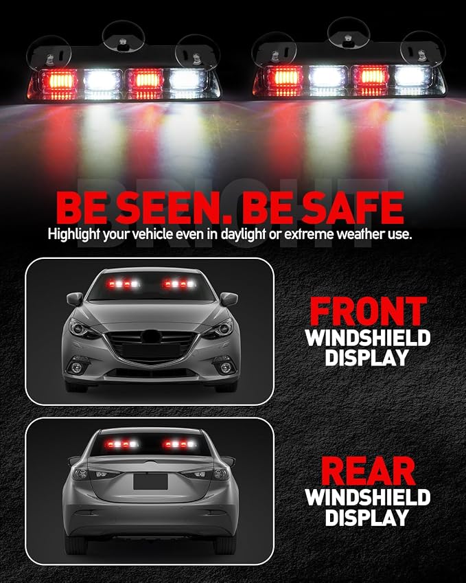 HLauto 2002L Emergency Dash Strobe Lights: Red White Safety Lights, Flashing Warning Hazard Windshield Visor Traffic Light Bars for Trucks, Construction Vehicles (2x8.5 inch, 48LED)