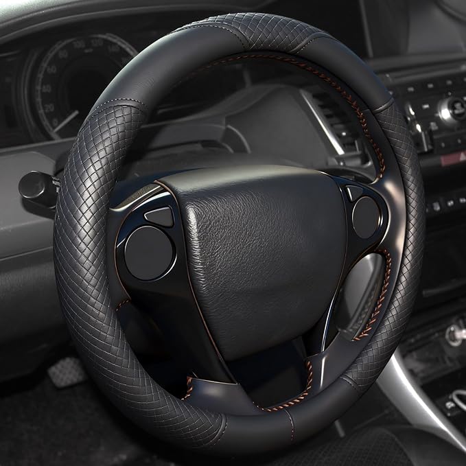 Steering Wheel Cover with Anti-Slip Leather Grip Compatible with Ford, Toyota, Honda, Nissan, and Chevrolet Vehicles for 14.5-15.35 inch Round Steering Wheels Universal Car Accessories