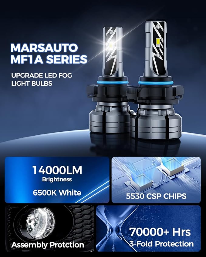 Marsauto 5201/5202 LED Fog Light Bulbs, 14,000LM 6500K White 5202 LED Bulbs, 70000HRS Lifespan 5201 PS24W Fog Lights for Trucks, SUV, Non-polarity Play and Plug, Pack of 2