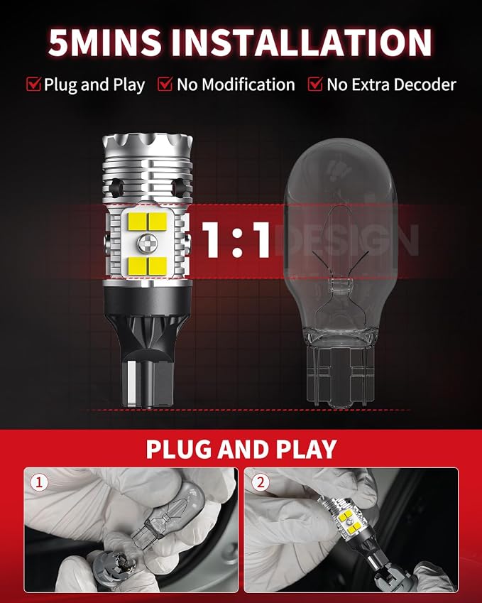 LASFIT 921 LED Bulb Reverse Lights, 912 T15 Back Up Light CANBUS Error Free W16W 906 Reversing Bulb 904 916 6000K Xenon White New Upgrade Design, Plug and Play (Pack of 2)
