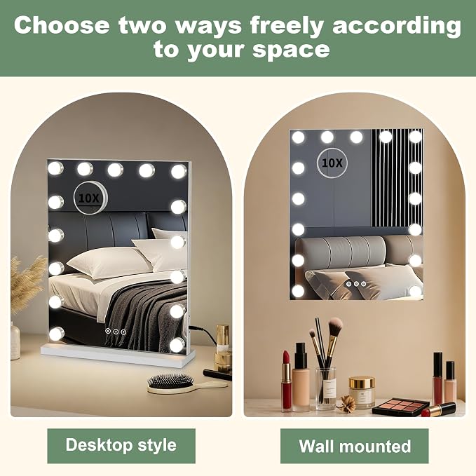 Hollywood Vanity Mirror with Lights, Vertical 20.6 Inch, White | 20.6 x 15.5 in vertical design, 15 dimmable LED bulbs, 3 light modes, 10X magnifier, touch control and USB port