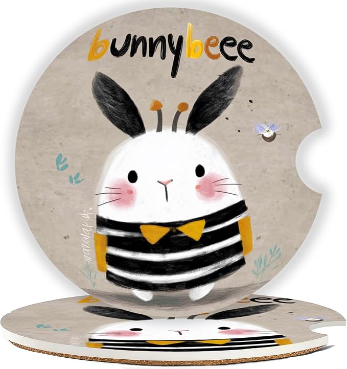 Car Cup Holder Coaster Set of 2, 2.56 in Ceramic Coasters, Scratch-Resistant Cork Backing, Finger Groove Design for Easy Placement, Cute Car Accessories Interior for Women (Striped Rabbit)