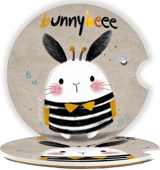 Car Cup Holder Coaster Set of 2, 2.56 in Ceramic Coasters, Scratch-Resistant Cork Backing, Finger Groove Design for Easy Placement, Cute Car Accessories Interior for Women (Striped Rabbit)