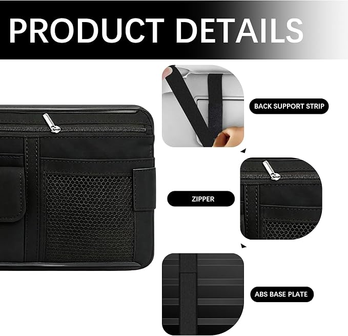 Car Sun Visor Organizer, Visor Accessories, Leather Sunvisor Pocket Organizer Case with Multi-Pocket Net Zipper, Waterproof Auto Sunshade Organizer Bag for Card Pen Sunglasses Document (Black)