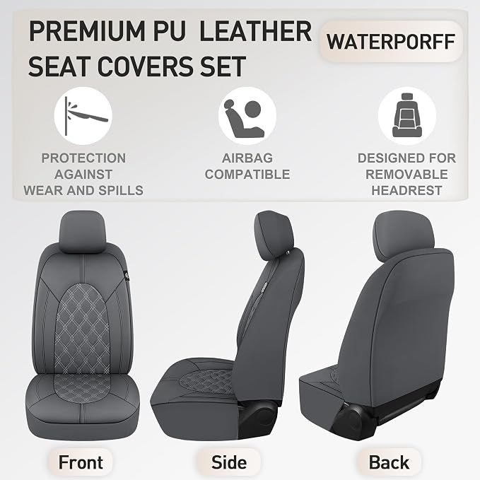 CAROMOP Luxury PU Leather Car Seat Covers Front Set - Anti-Stain Waterproof Automotive Seat Covers for Cars - Universal Car Interior Covers Seat Protectors for Sedans SUVs Pick-up Trucks (Gray)