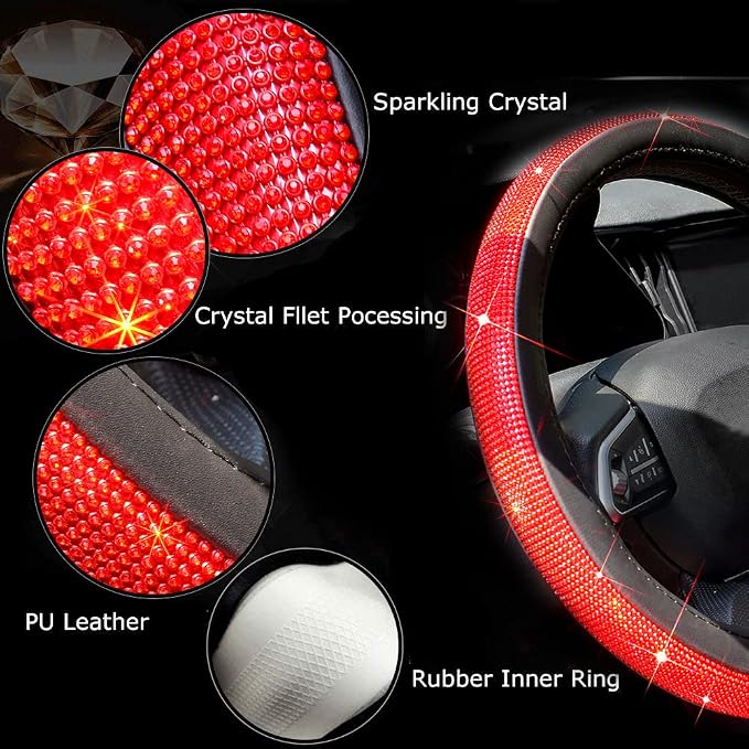 ChuLian New Diamond Leather Steering Wheel Cover with Bling Bling Crystal Rhinestones, Universal Fit 15 Inch Car Wheel Protector for Women Girls Red Diamond