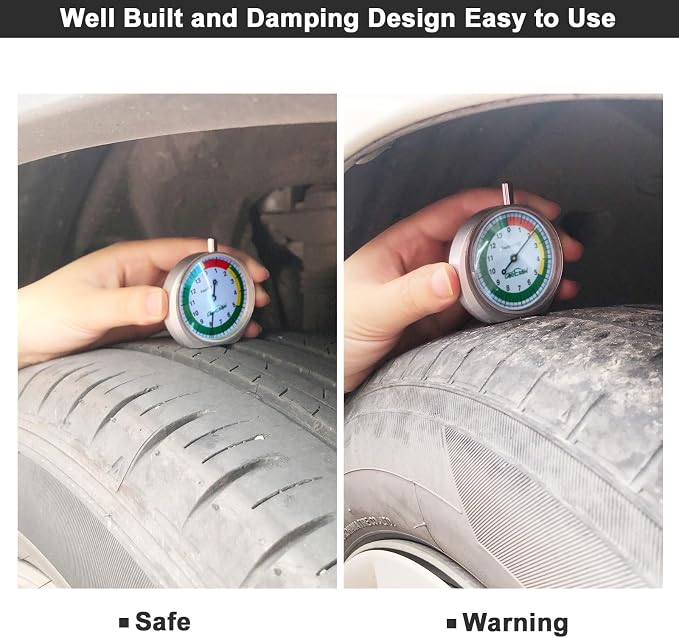 GODESON Tire Tread Depth Gauge,Dial Type Tire Depth Gauge in 32nds,Color-Coded and Easy Reading Tread Depth Gauge Professional for Motorcycle, Car,Truck and Bus, Silver Powder-Coated Zinc Alloy Casing