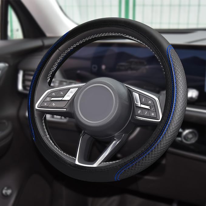 Car Steering Wheel Cover, Universal 14.5-15 Inch Black Leather Steering Wheel Wrap with Better Sport Grip for Men Women, Anti-Slip Breathable Car Interior Accessories for Most Vehicles (Black blue2)
